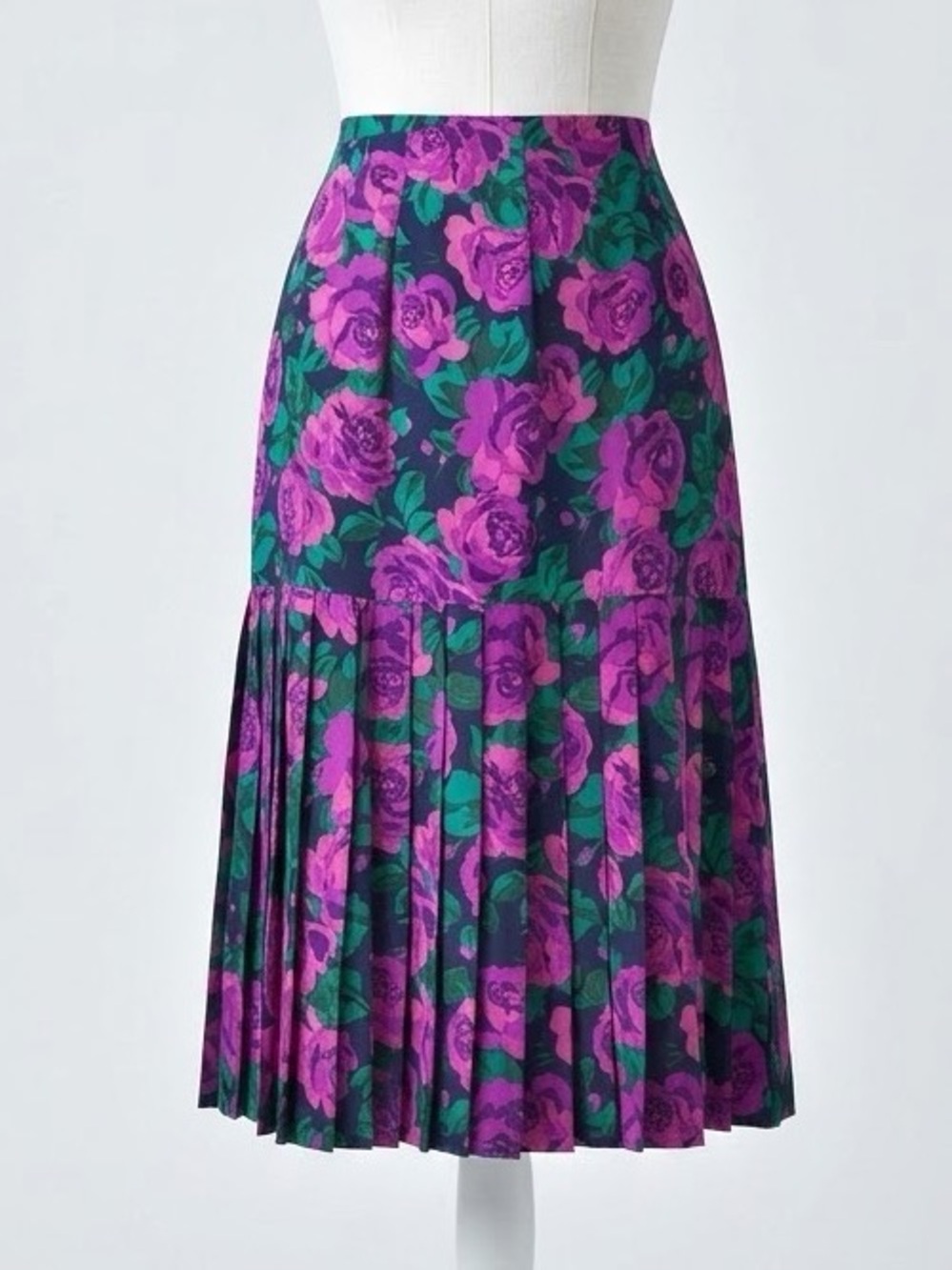 Vintage 100% Silk Pleated Drop Waist Midi Skirt Purple Floral Rose Print Size 4